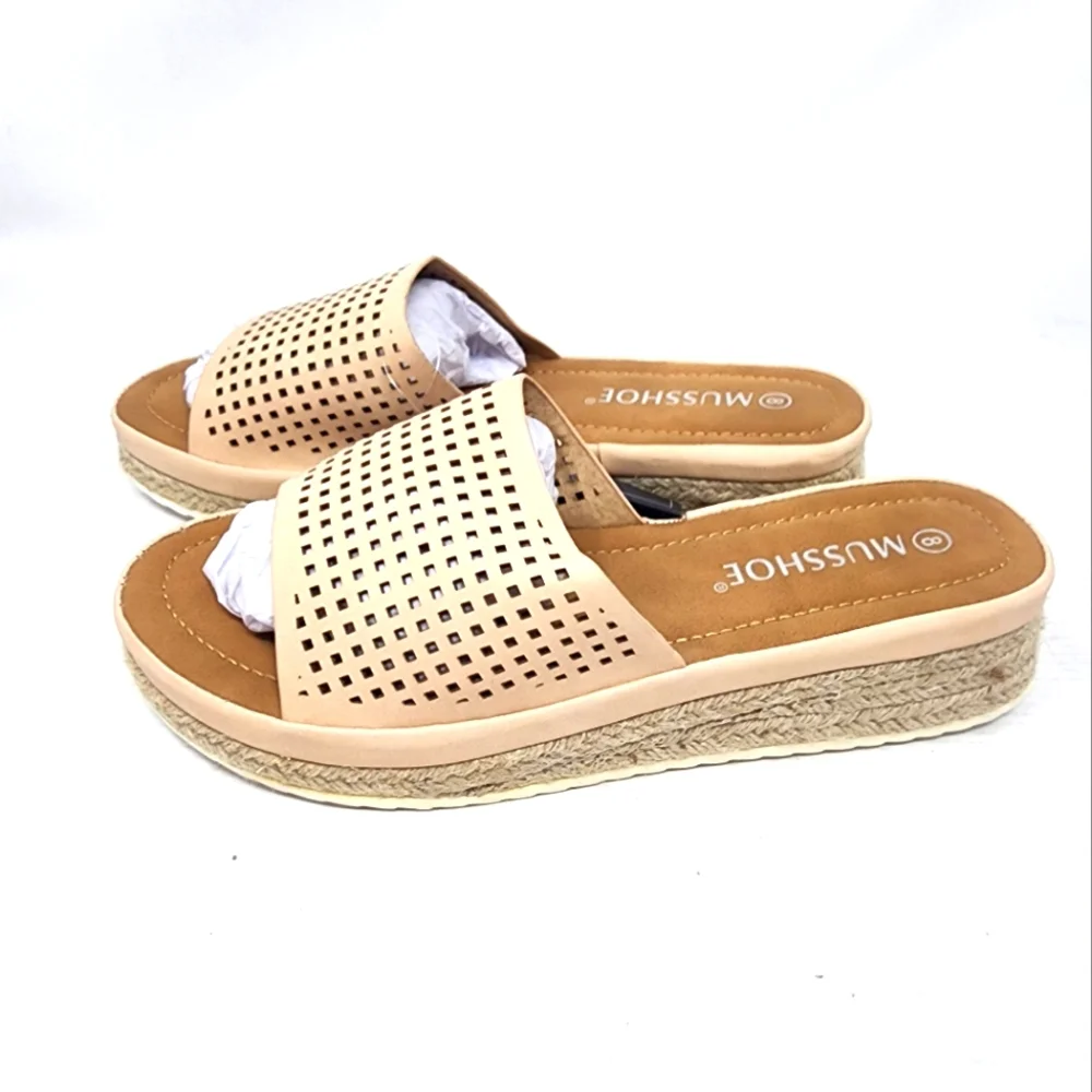Musshoe Tan Espadrilles‎ Platform Slide Sandals Wedge Slip On Breathable Shoes 8